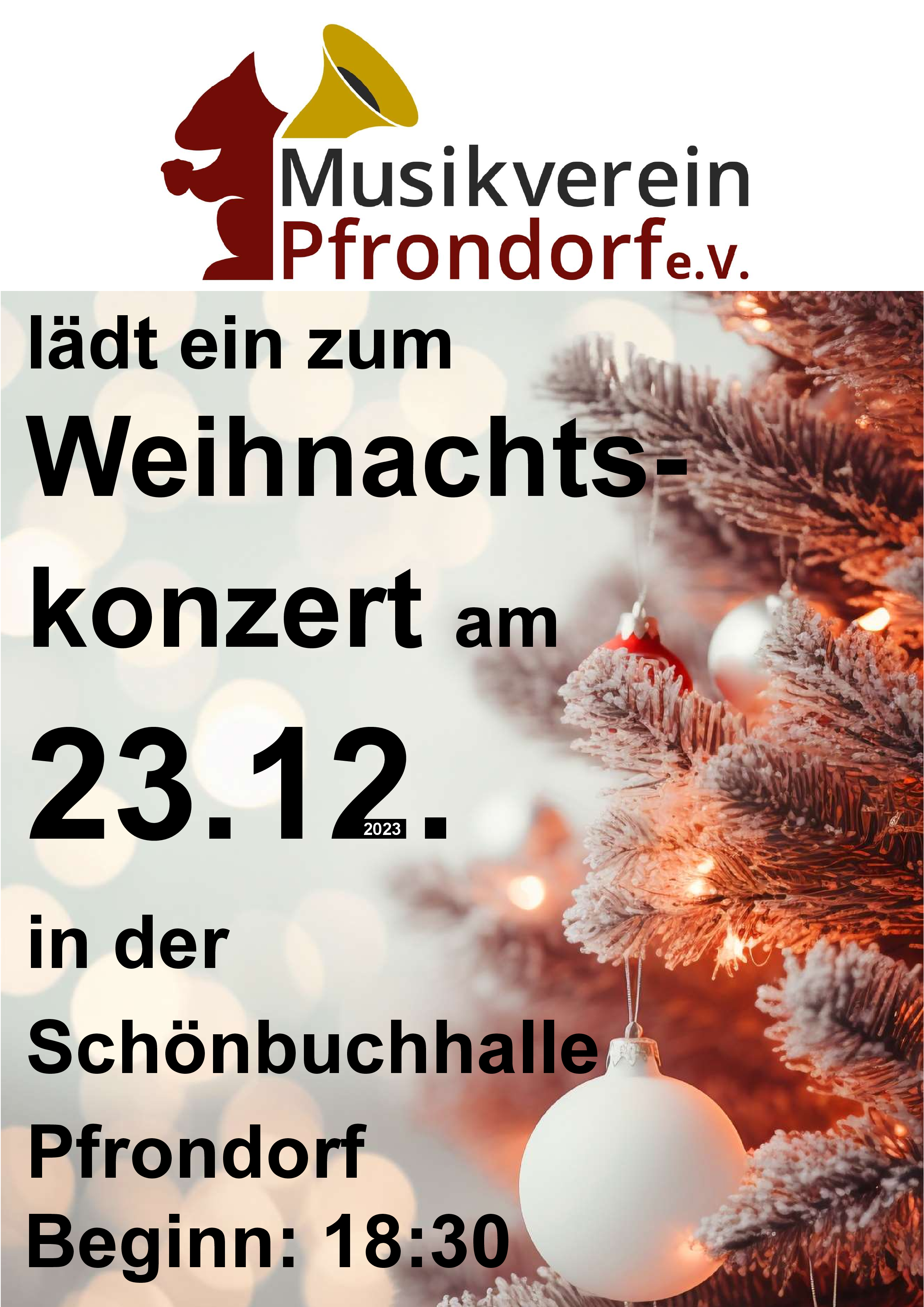 Anzeige Weihnachtskonzert: Weihnachtskonzert am 23.12.2023 in der Schönbuchhalle Pfrondorf, Beginn 18:30